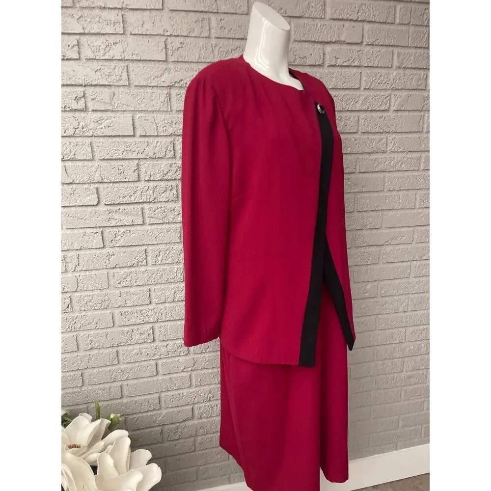 Leslie Fay Women Short Sleeve Red Dress With Asymmetric Trim Jacket 2 Pcs Set Si